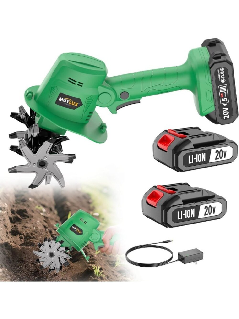 20V Cordless Electric Tiller & Cultivator with 2 Batteries for Garden Soil Prep